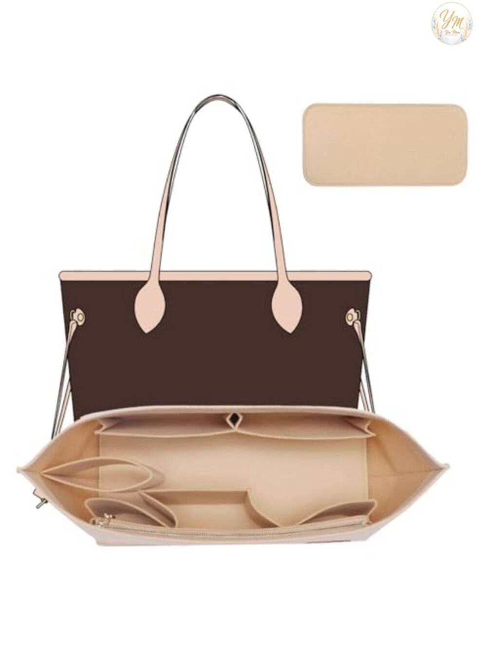 Felt Handbag Organizer Insert with 10 Compartments, Zipper Closure, Base Shaper